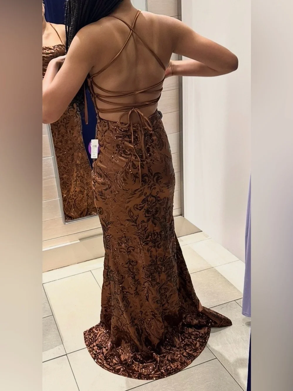 Windsor Brown Jacquard Halter Prom Gown with Slit - Picture 3 of 3